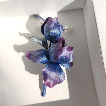 Handmade Ronghua blue-purple iris brooch – natural mulberry silk velvet flower pin