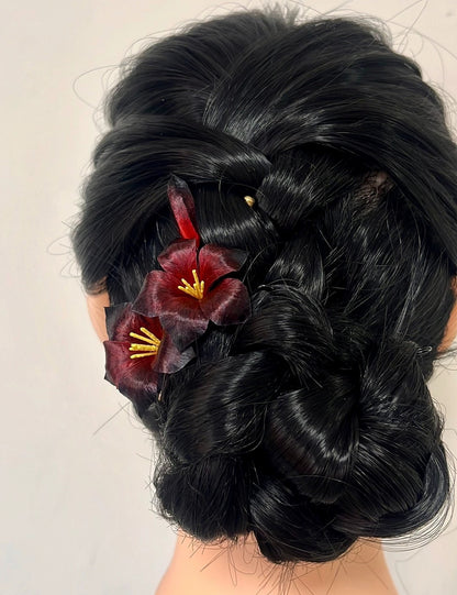 Handmade Ronghua Black-Red Datura Brooch | Mulberry Silk Velvet Mandala Flower Pin