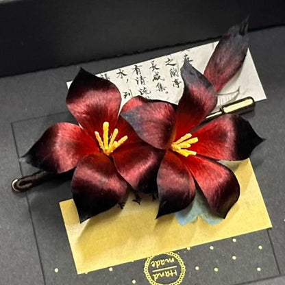 Handmade Ronghua Black-Red Datura Brooch | Mulberry Silk Velvet Mandala Flower Pin