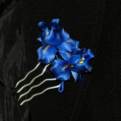 Handmade Ronghua Blue Iris Brooch | Mulberry Silk Velvet Bearded Iris Flower Pin