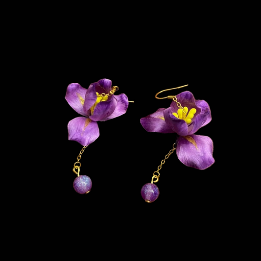 Handmade Ronghua Iris Drop Earrings | Purple Mulberry Silk Velvet Bearded Iris Earrings