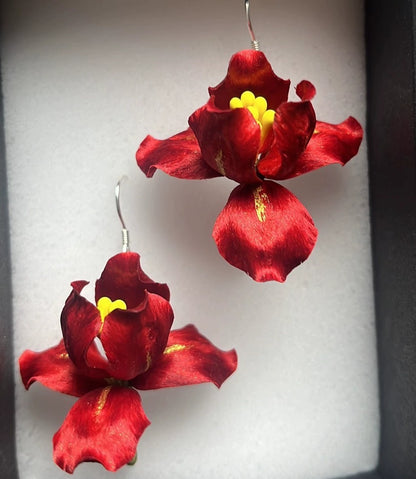 Handmade Ronghua Iris Drop Earrings | Purple Mulberry Silk Velvet Bearded Iris Earrings