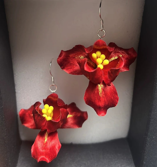 Handmade Ronghua Iris Drop Earrings | Purple Mulberry Silk Velvet Bearded Iris Earrings