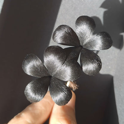 Handmade Ronghua Black Double Flower Brooch | Pure Black Mulberry Silk Velvet Floral Pin
