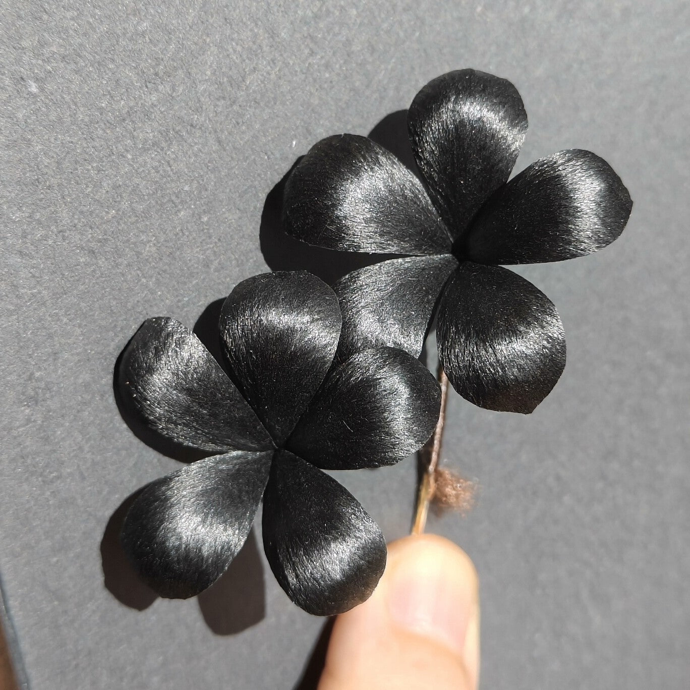 Handmade Ronghua Black Double Flower Brooch | Pure Black Mulberry Silk Velvet Floral Pin