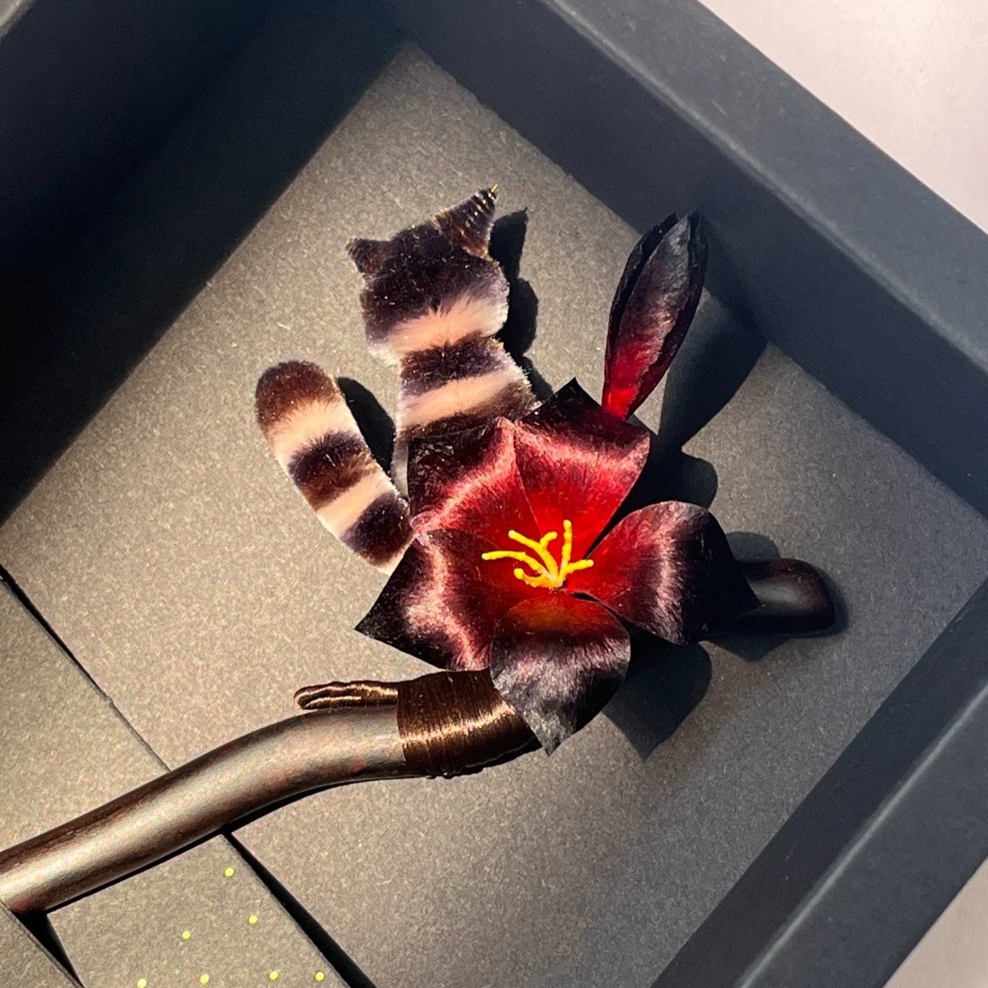 Handmade Ronghua black-red datura flower cat hairpin – mulberry silk velvet kitten on mandala bloom