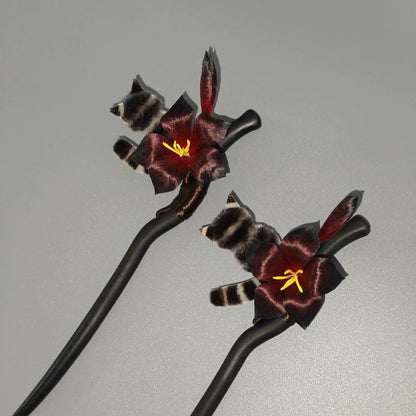 Handmade Ronghua Datura Cat Hairpin | Black-Red Mulberry Silk Velvet Mandala Flower Kitten