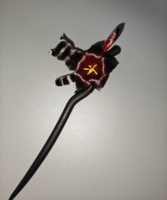 Handmade Ronghua Datura Cat Hairpin | Black-Red Mulberry Silk Velvet Mandala Flower Kitten