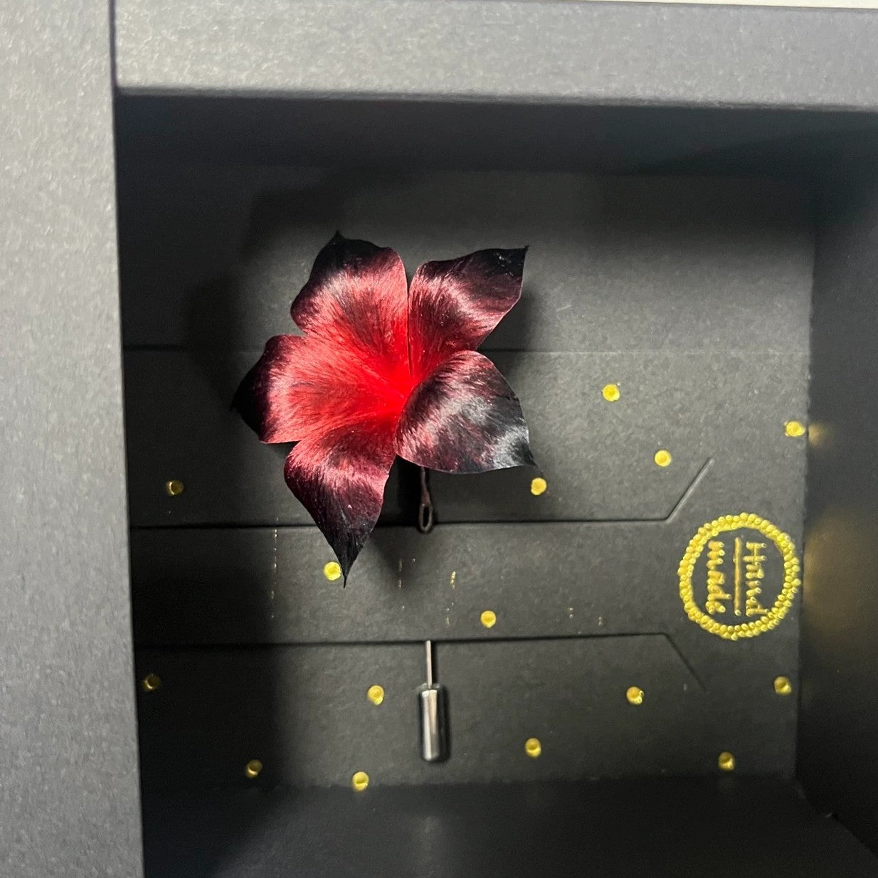 Handmade Ronghua Black-Red Datura Lapel Pin | Mulberry Silk Velvet Mandala Flower Stick Pin