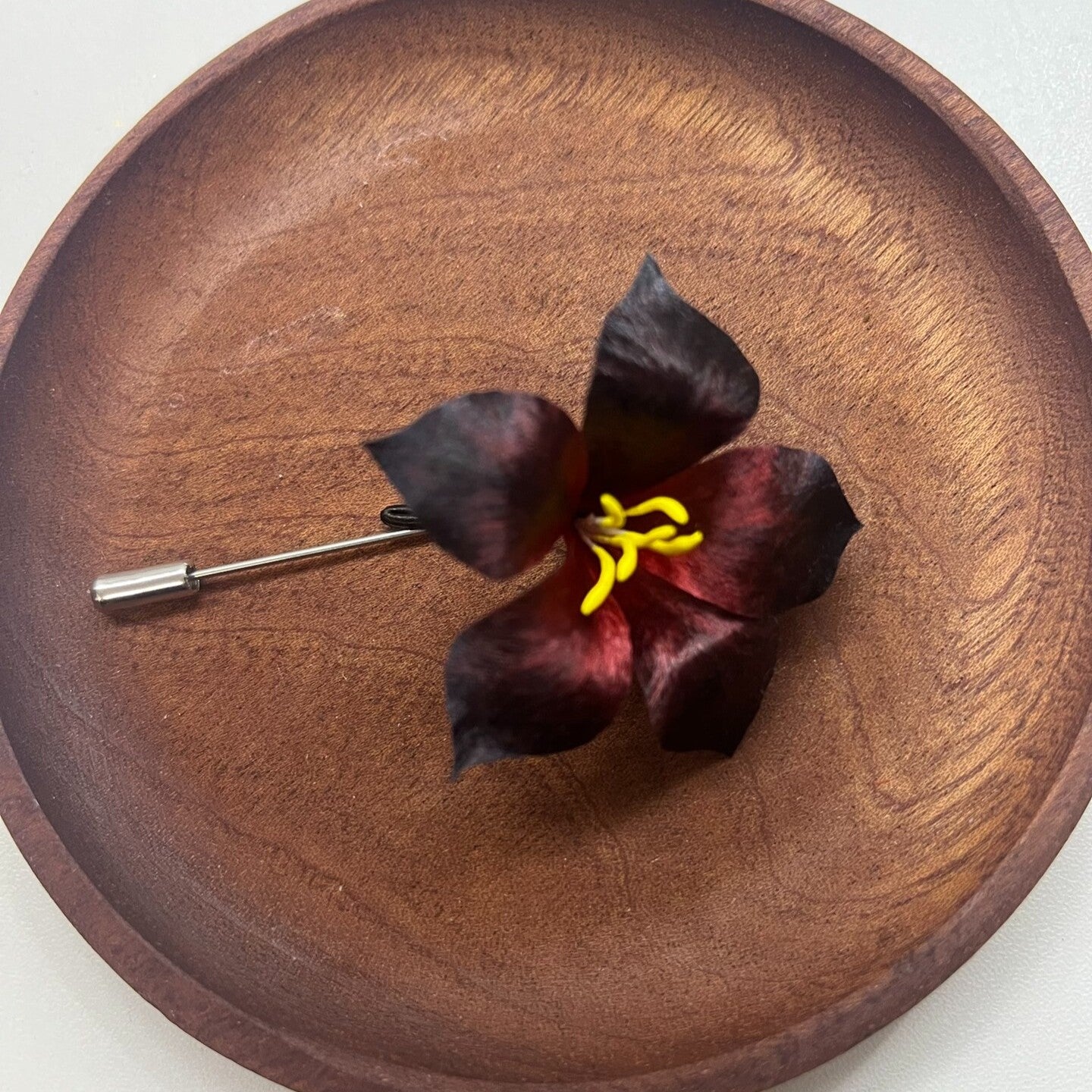 Handmade Ronghua Black-Red Datura Lapel Pin | Mulberry Silk Velvet Mandala Flower Stick Pin