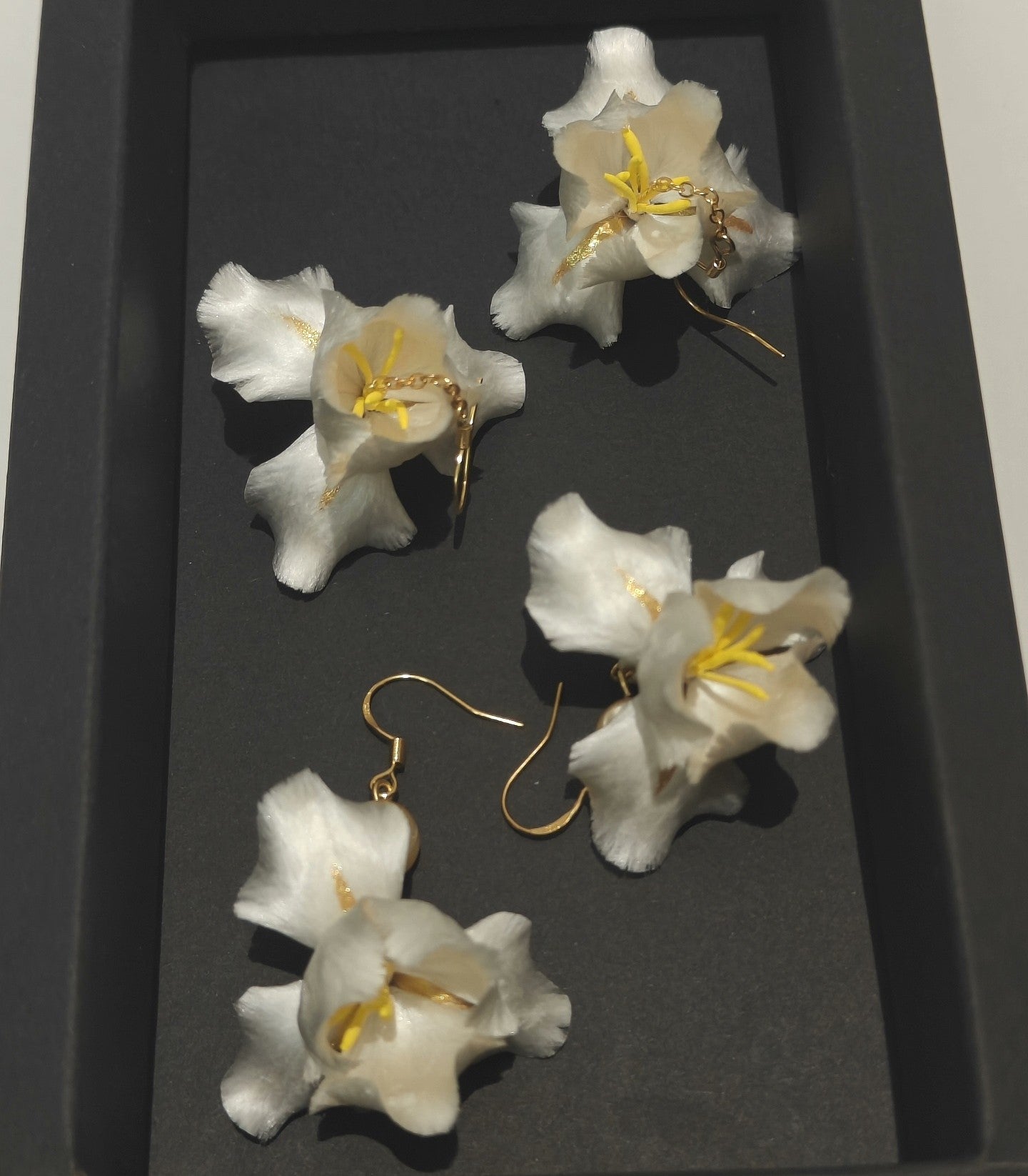 Handmade Ronghua White Flower Drop Earrings | Pure White Mulberry Silk Velvet Bridal Earrings