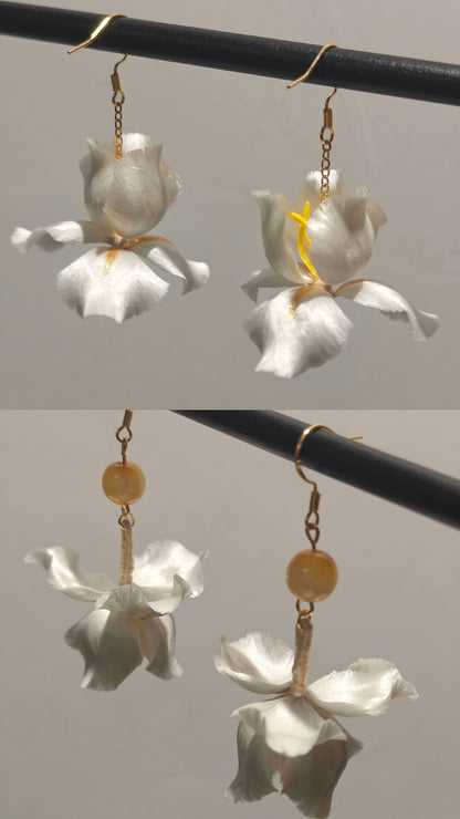Handmade Ronghua White Flower Drop Earrings | Pure White Mulberry Silk Velvet Bridal Earrings