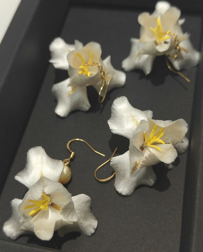Handmade Ronghua White Flower Drop Earrings | Pure White Mulberry Silk Velvet Bridal Earrings