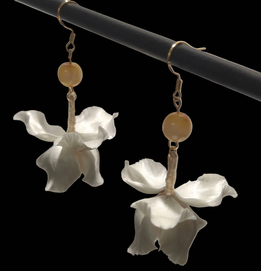 Handmade Ronghua White Flower Drop Earrings | Pure White Mulberry Silk Velvet Bridal Earrings