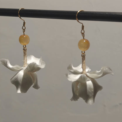 Handmade Ronghua White Flower Drop Earrings | Pure White Mulberry Silk Velvet Bridal Earrings