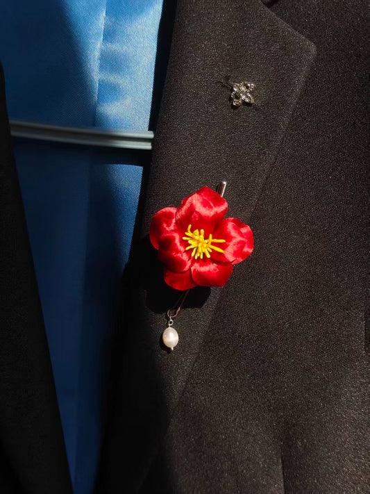Handmade Ronghua Red Camellia Brooch | Mulberry Silk Velvet Tea Flower Pin with Pearl Drop