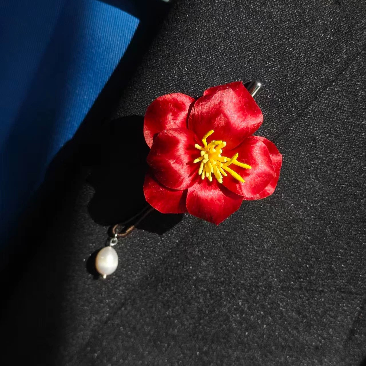 Handmade Ronghua red camellia brooch with pearl drop – mulberry silk velvet tea flower pin