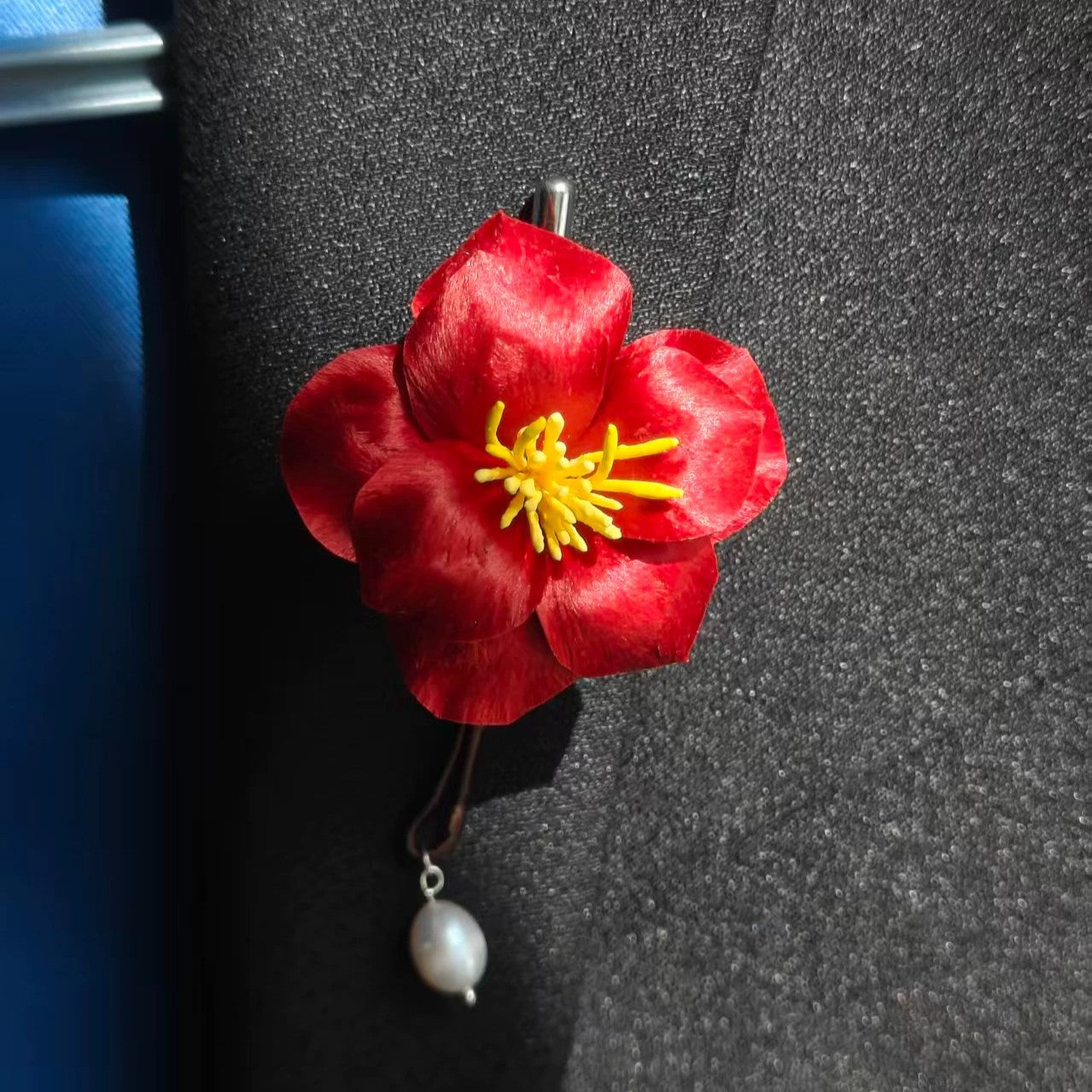 Handmade Ronghua Red Camellia Brooch | Mulberry Silk Velvet Tea Flower Pin with Pearl Drop