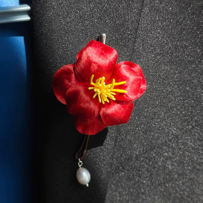 Handmade Ronghua Red Camellia Brooch | Mulberry Silk Velvet Tea Flower Pin with Pearl Drop