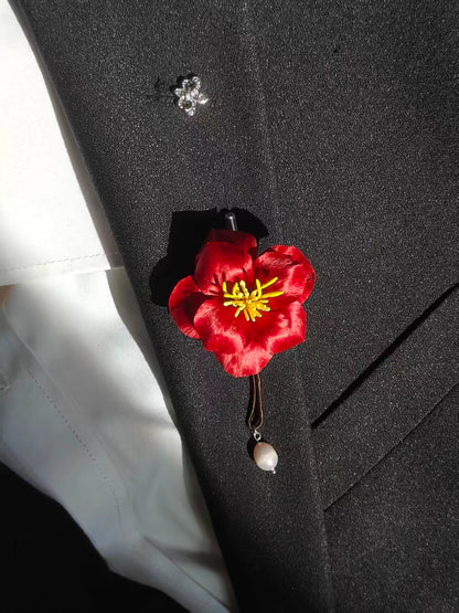 Handmade Ronghua Red Camellia Brooch | Mulberry Silk Velvet Tea Flower Pin with Pearl Drop