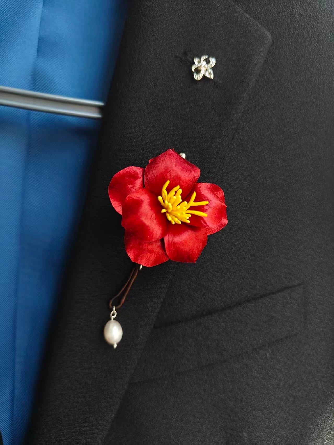 Handmade Ronghua Red Camellia Brooch | Mulberry Silk Velvet Tea Flower Pin with Pearl Drop