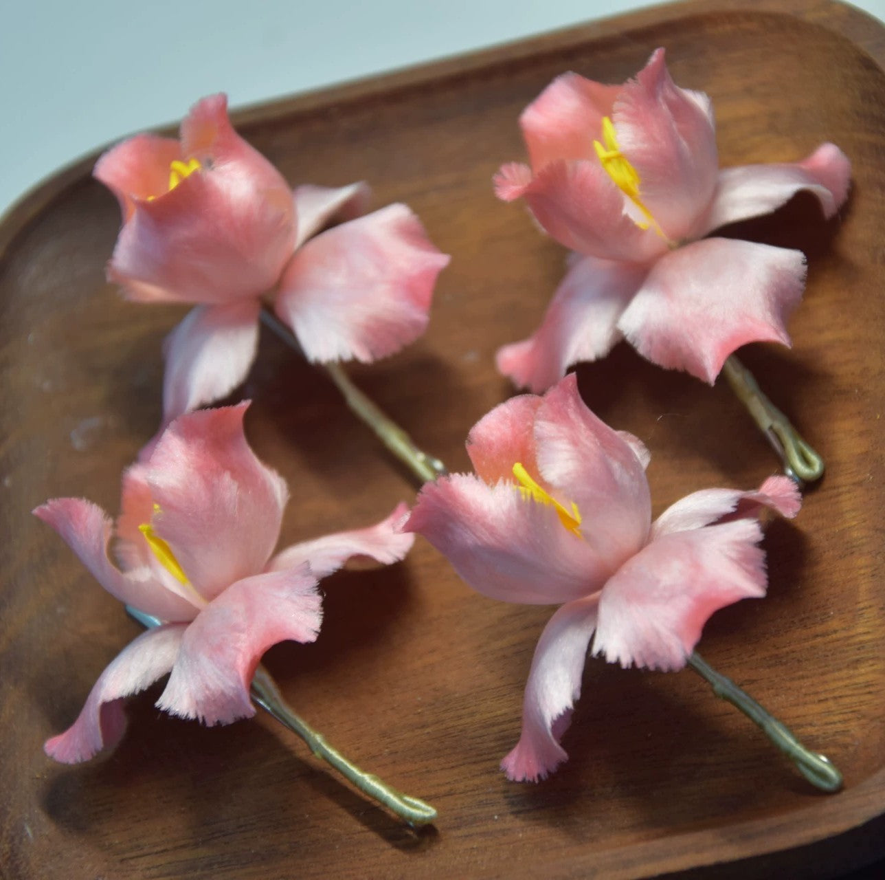 Handmade Ronghua Pink Iris Brooch | Soft Pink Mulberry Silk Velvet Bearded Iris Pin