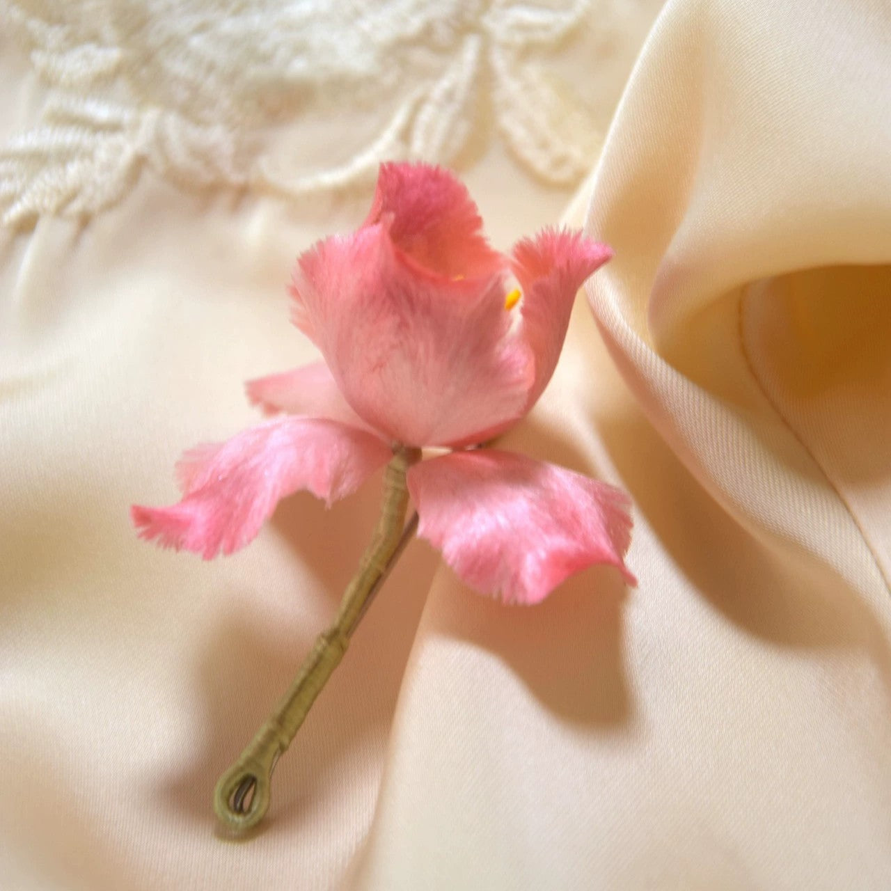 Handmade Ronghua soft pink iris brooch – mulberry silk velvet bearded iris pin