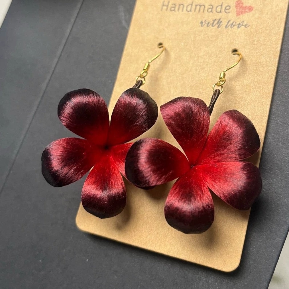 Handmade Ronghua Red-Black Datura Earrings | Mulberry Silk Velvet Mandala Flower Drop Earrings
