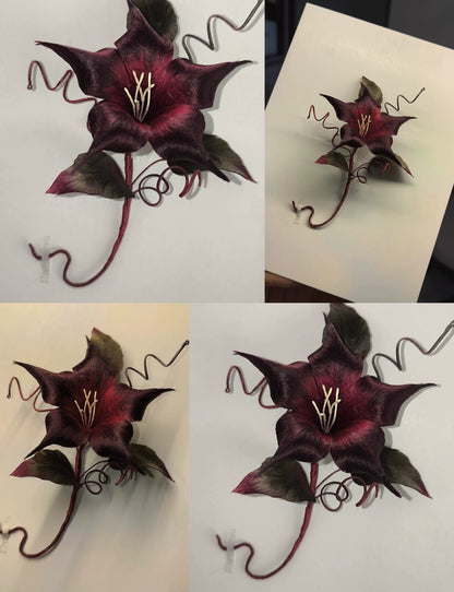 Handmade Ronghua Black-Red Datura Brooch | Large Mulberry Silk Velvet Mandala Flower Pin
