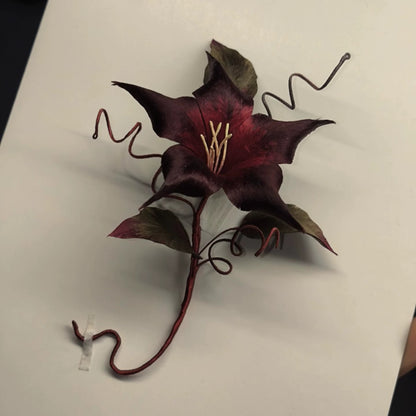 Handmade Ronghua Black-Red Datura Brooch | Large Mulberry Silk Velvet Mandala Flower Pin