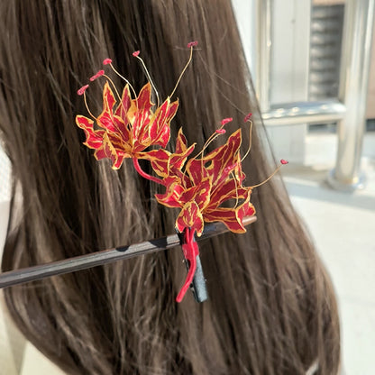 Handmade Ronghua Red-Gold Gloriosa Lily Hairpin | Mulberry Silk Velvet Flame Lily Hair Ornament