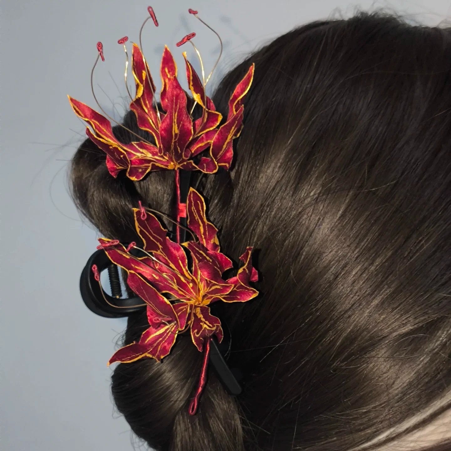 Handmade Ronghua Red-Gold Gloriosa Lily Hairpin | Mulberry Silk Velvet Flame Lily Hair Ornament