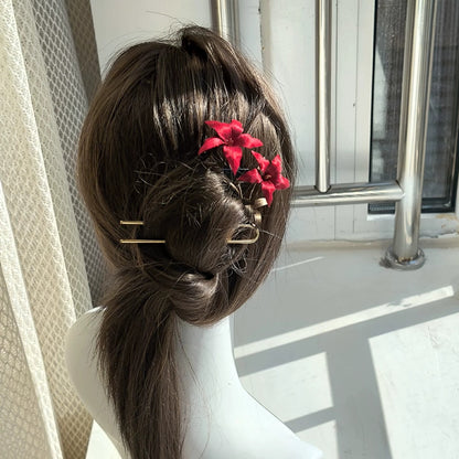 Handmade Ronghua Red Lily Hairpin | Deep Red Mulberry Silk Velvet Double Flower Hair Ornament