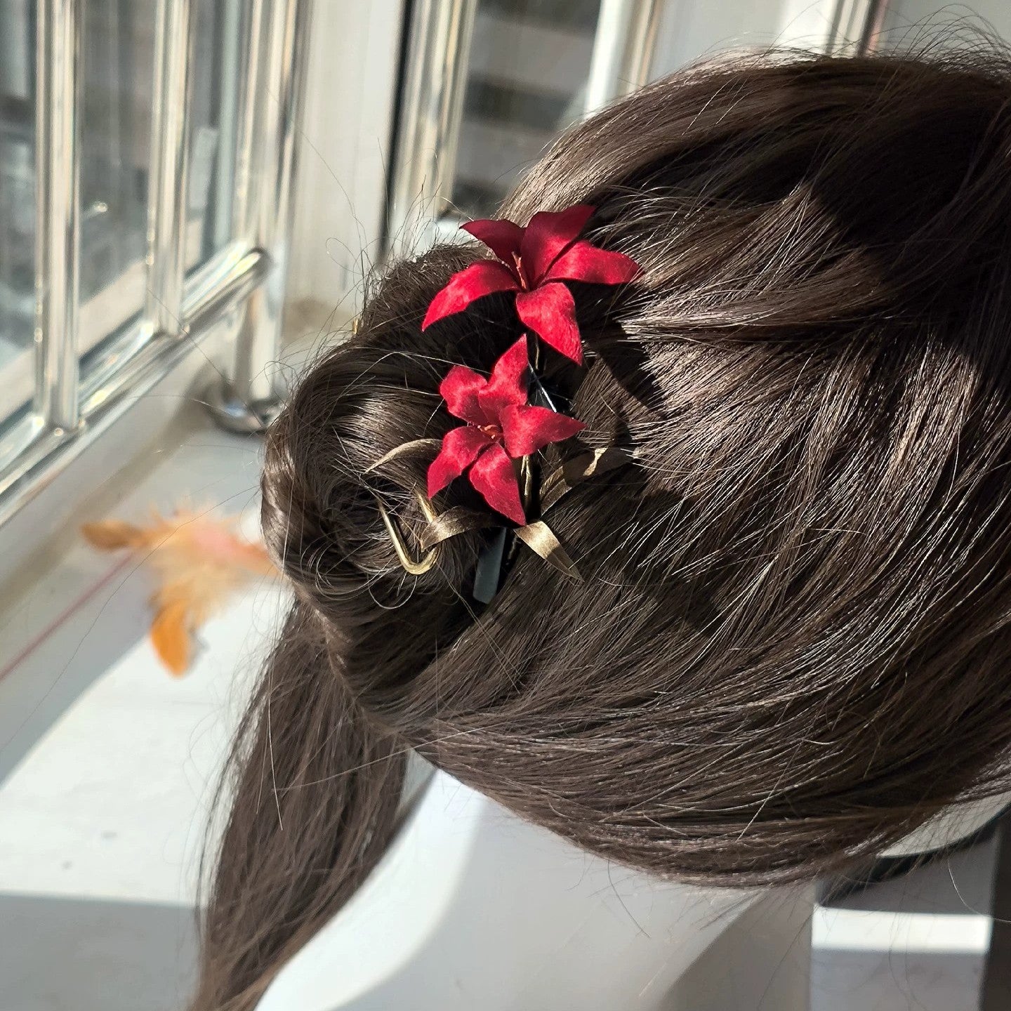 Handmade Ronghua Red Lily Hairpin | Deep Red Mulberry Silk Velvet Double Flower Hair Ornament