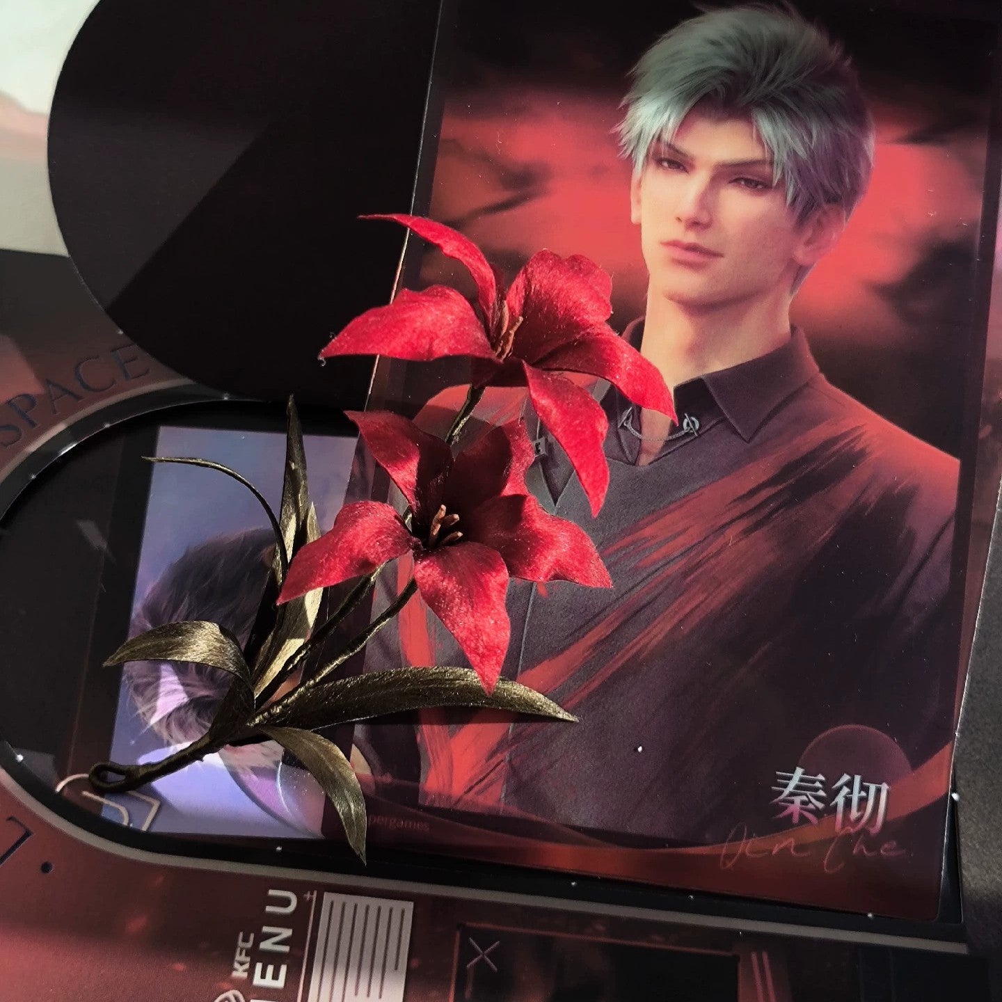 Ronghua red lily hairpin worn in hair – lightweight silk floral accessory for hanfu and weddings