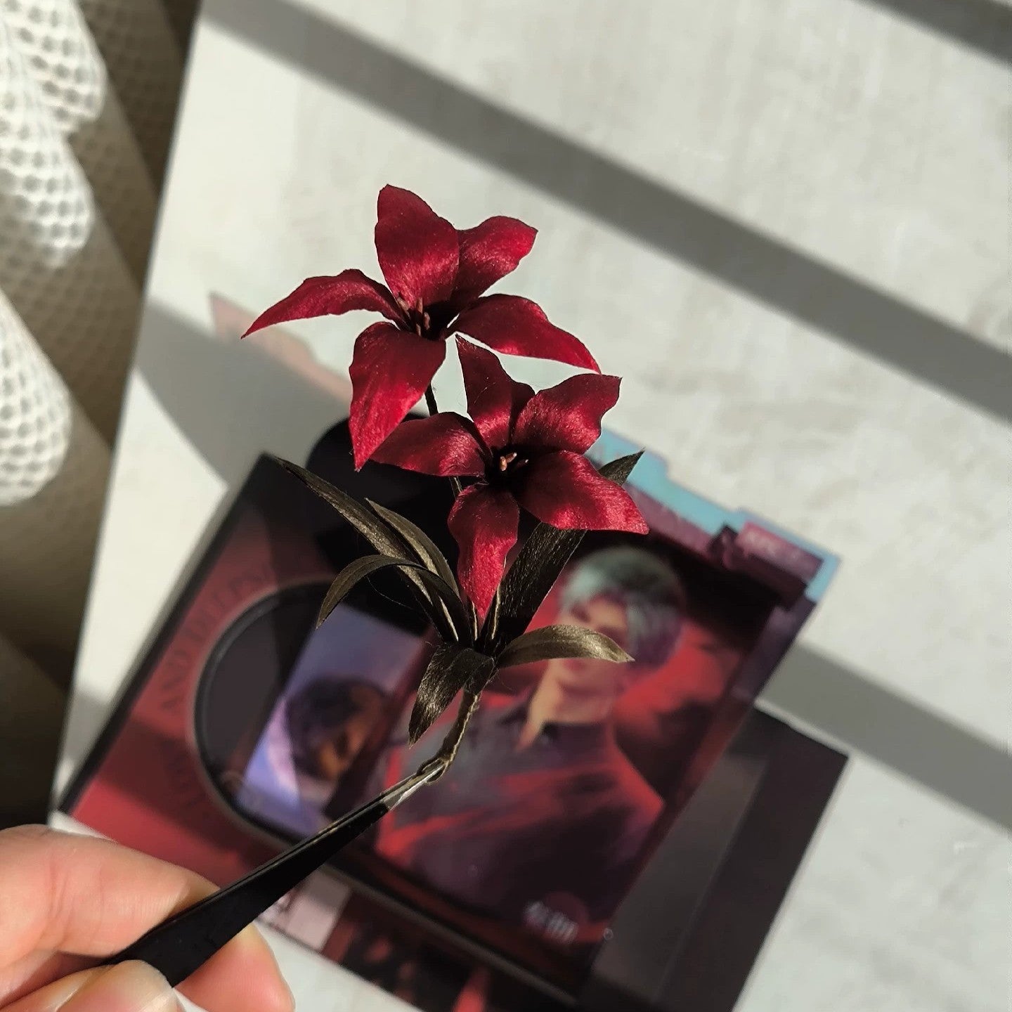 Handmade Ronghua Red Lily Hairpin | Deep Red Mulberry Silk Velvet Double Flower Hair Ornament