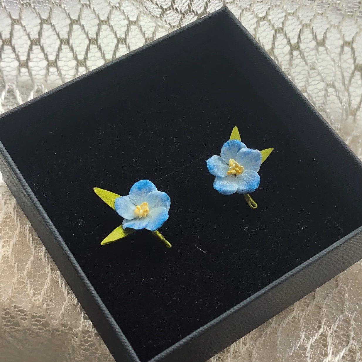 Handmade Ronghua light blue star flower stud earrings – tiny mulberry silk velvet blossom studs