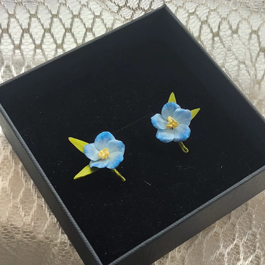 Handmade Ronghua light blue star flower stud earrings – tiny mulberry silk velvet blossom studs