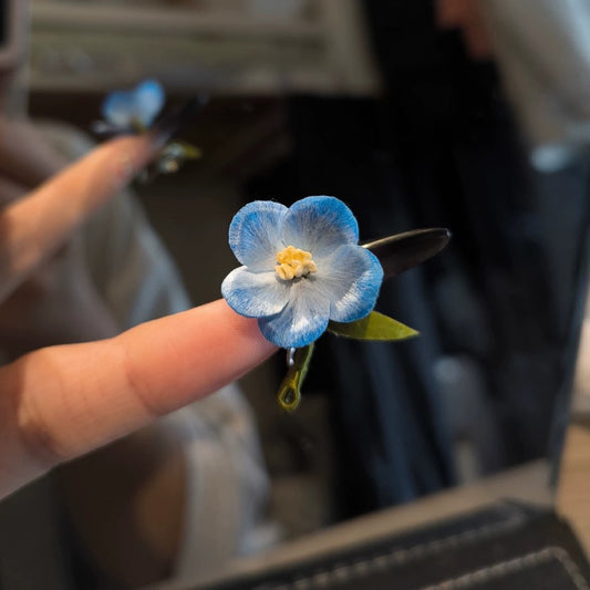 Handmade Ronghua Star Flower Stud Earrings | Light Blue Mulberry Silk Velvet Tiny Blossom Earrings