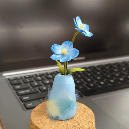 Handmade Ronghua Star Flower Mini Vase | Blue Mulberry Silk Velvet Floral Desk Ornament