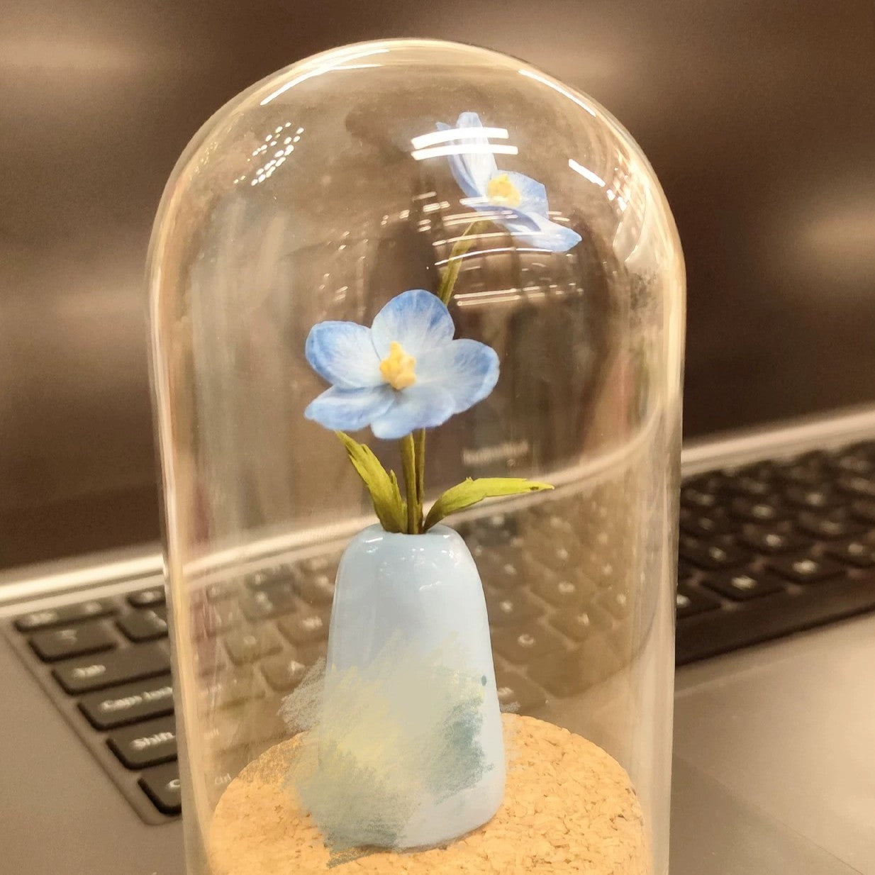 Handmade Ronghua Star Flower Mini Vase | Blue Mulberry Silk Velvet Floral Desk Ornament