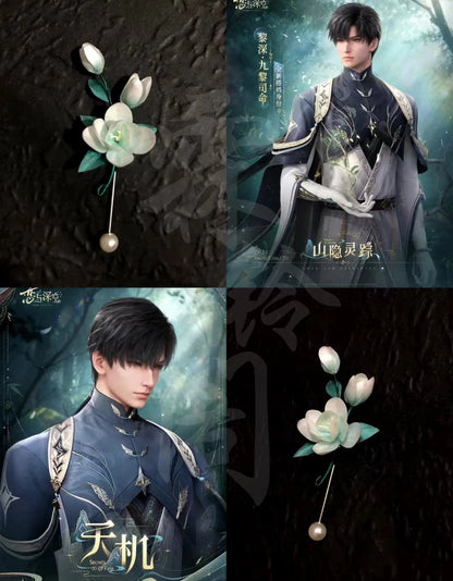 Handmade Ronghua Jasmine Lapel Pin | White-Green Mulberry Silk Velvet Flower Stick Pin