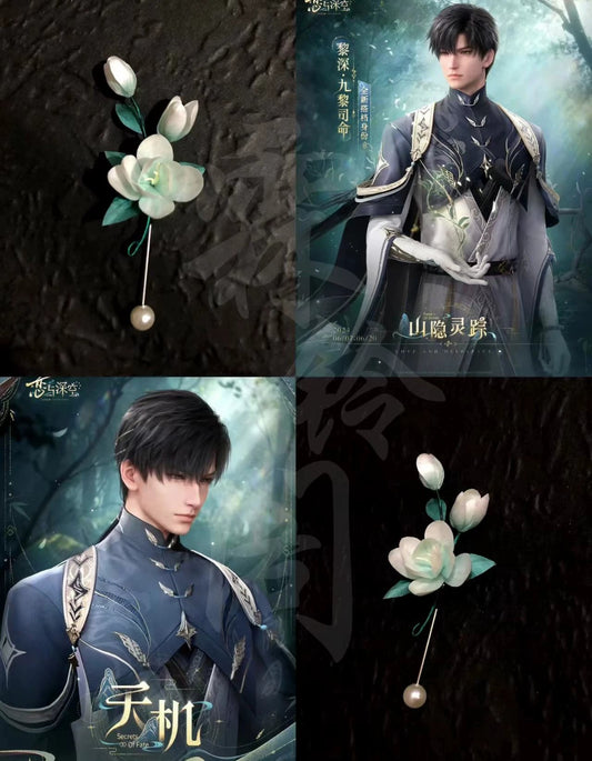 Handmade Ronghua Jasmine Lapel Pin | White-Green Mulberry Silk Velvet Flower Stick Pin