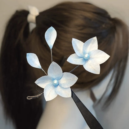 Handmade Ronghua blue-white double flower hairpin worn in hair – mulberry silk velvet blossom accessory