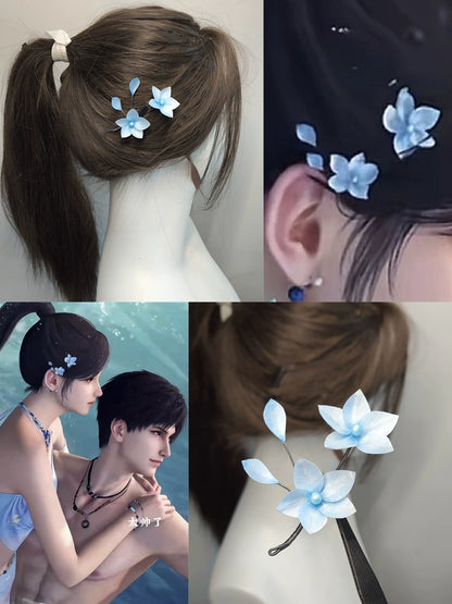 Handmade Ronghua Blue-White Double Flower Hairpin | Mulberry Silk Velvet Blossom Hair Accessory
