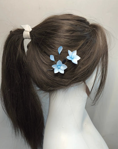 Handmade Ronghua Blue-White Double Flower Hairpin | Mulberry Silk Velvet Blossom Hair Accessory
