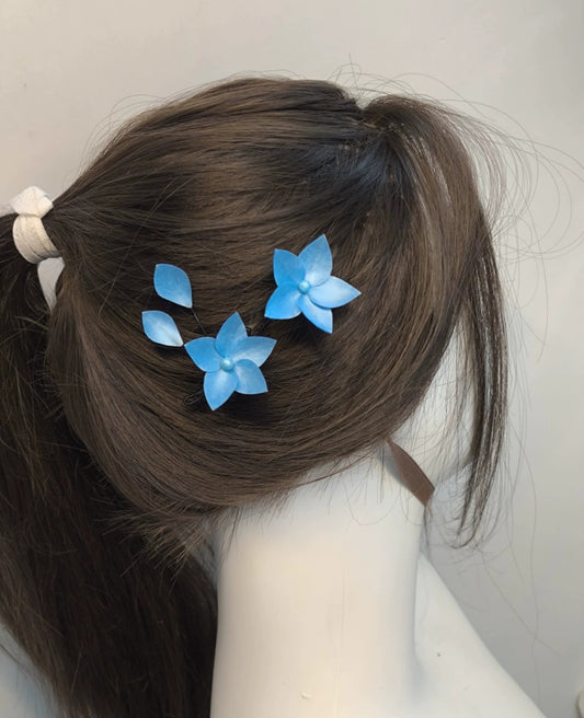Handmade Ronghua Blue-White Double Flower Hairpin | Mulberry Silk Velvet Blossom Hair Accessory
