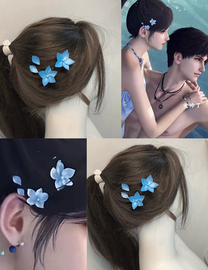 Handmade Ronghua Blue-White Double Flower Hairpin | Mulberry Silk Velvet Blossom Hair Accessory
