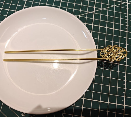 Copper Hair Stick - Floral Filigree Design(椭圆款)