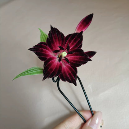 Handmade Ronghua Lily Hair Pin - Natural Mulberry Silk Velvet Flower